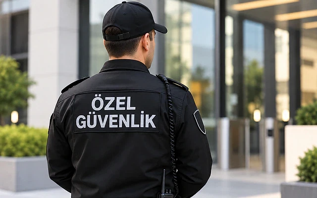 2026 Özel Güvenlik İş İlanları ve Fırsatlar Özel güvenlik görevlisi, modern bir binanın önünde duruyor.