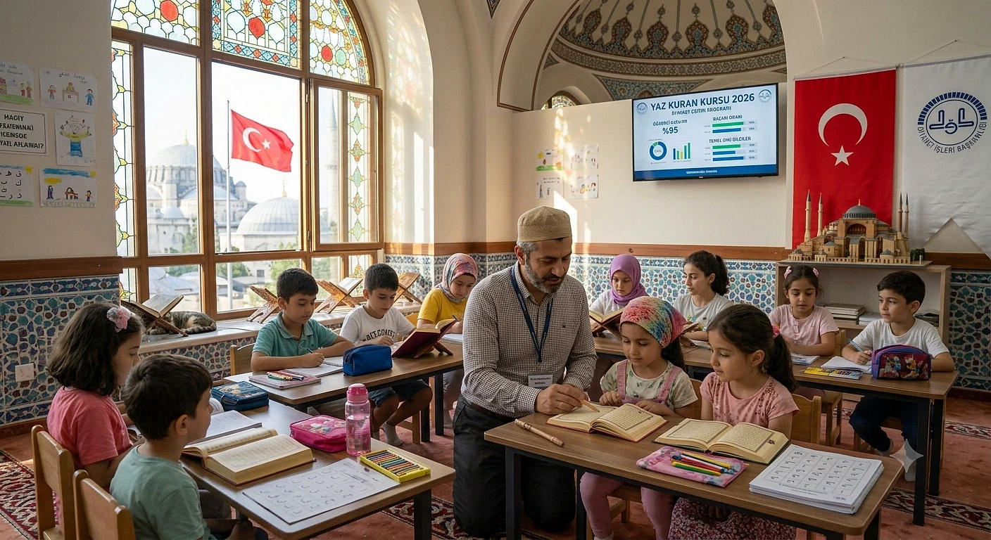 Yaz Kur'an Kursu 2025 başvuru tarihleri Diyanet Yaz Kur'an Kursu'nda öğrenciler, öğretmen eşliğinde ders çalışıyor.