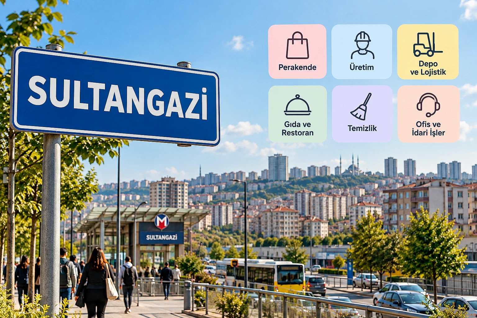 Sultangazi'deki güncel iş ilanları ve fırsatlar Sultangazi'de iş fırsatlarını simgeleyen bir yol tabelası ve çevresindeki şehir manzarası.