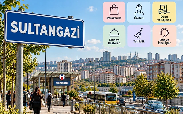 Sultangazi'deki güncel iş ilanları ve fırsatlar Sultangazi'de iş fırsatlarını simgeleyen bir yol tabelası ve çevresindeki şehir manzarası.