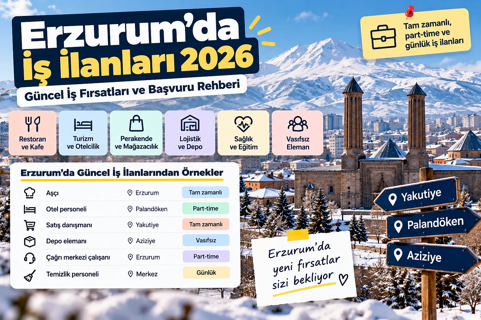 Erzurum'da iş fırsatları ve başvuru rehberi Erzurum'daki güncel iş ilanlarını ve başvuru rehberini tanıtan kapak görseli.