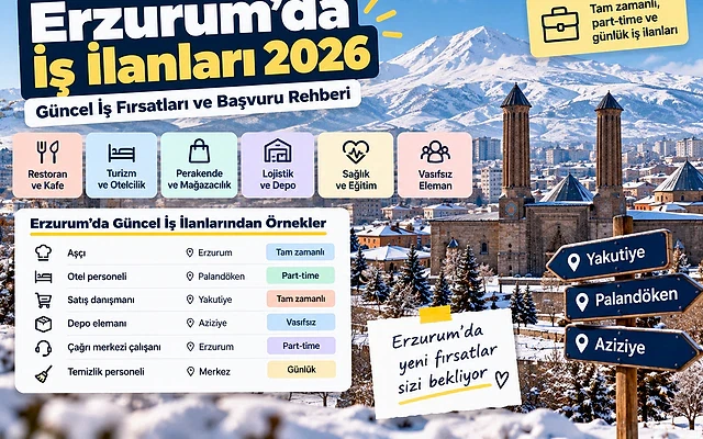 Erzurum'da iş fırsatları ve başvuru rehberi Erzurum'daki güncel iş ilanlarını ve başvuru rehberini tanıtan kapak görseli.
