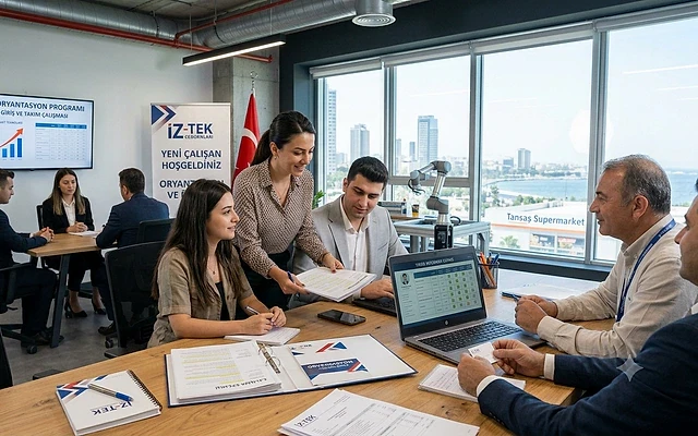 Yeni personelin oryantasyonu için etkili yöntemler Ofis ortamında yeni personel için oryantasyon gerçekleştiriliyor, katılımcılar belgeler üzerinde çalışıyor.