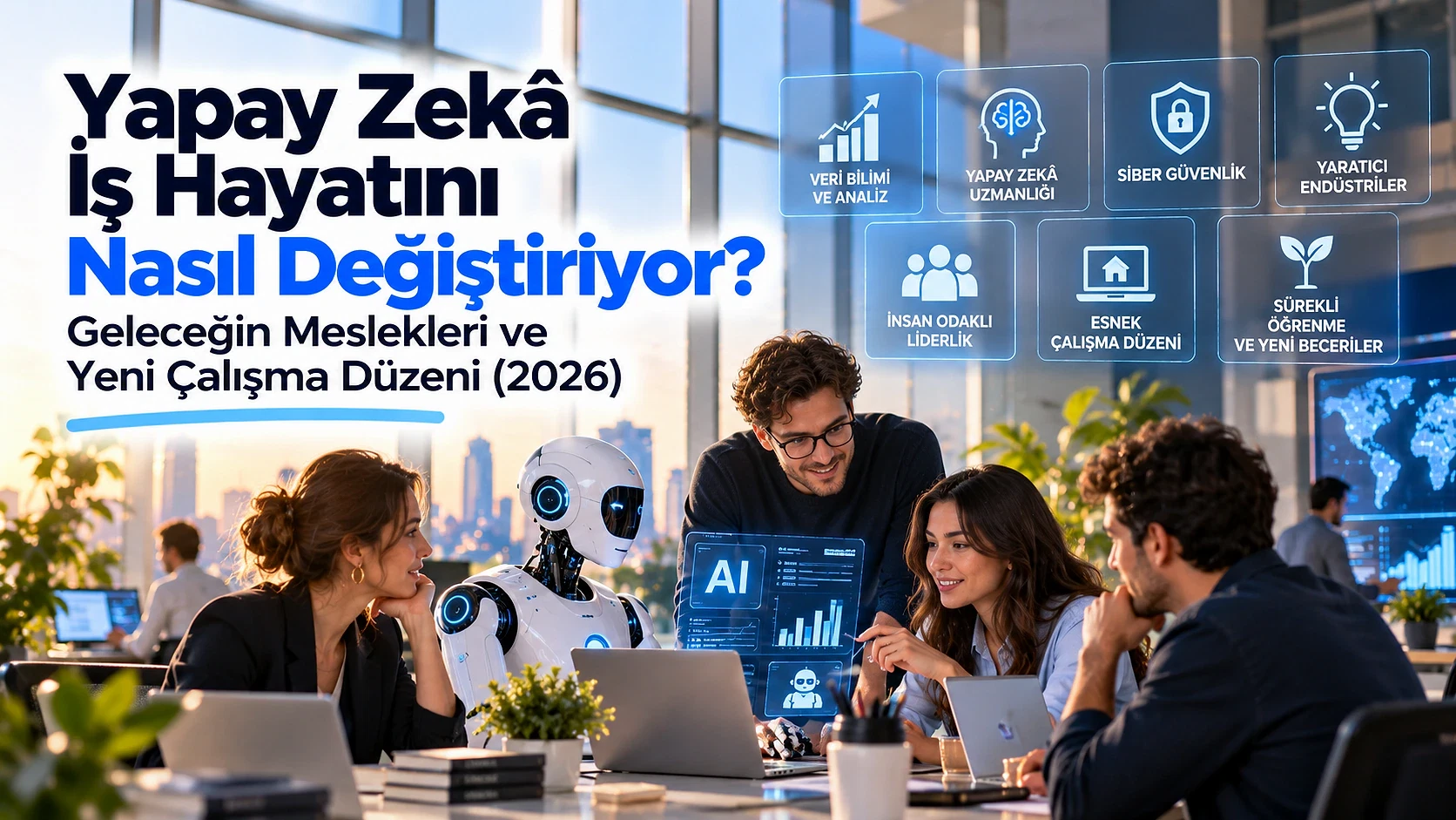 Yapay Zekâ'nın İş Hayatına Etkileri ve Gelecek Meslekler Yapay zekâ ve insan etkileşimi, modern ofiste çalışanlar ve robotlar.