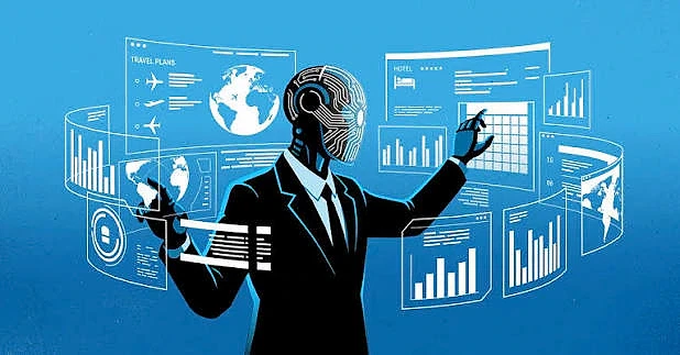 Yapay Zekâ ve Geleceğin Meslekleri Yapay zekâ ile iş hayatını dönüştüren bir figür, grafikler ve verilerle etkileşimde bulunuyor.