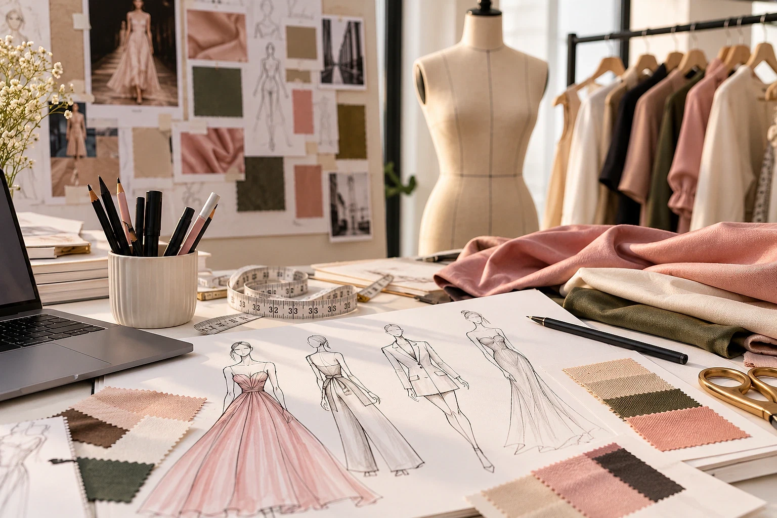 Moda tasarımı ve kariyer fırsatları hakkında bilgi Moda tasarımı ile ilgili çizimlerin ve kumaş örneklerinin yer aldığı bir çalışma masası.