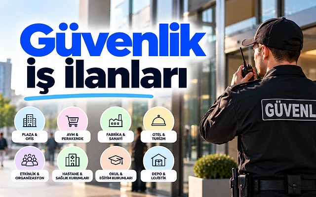 Güvenlik iş ilanları ve başvuru rehberi Güvenlik iş ilanları temalı kapak görseli, güvenlik görevlisi ve iş fırsatları simgeleriyle.