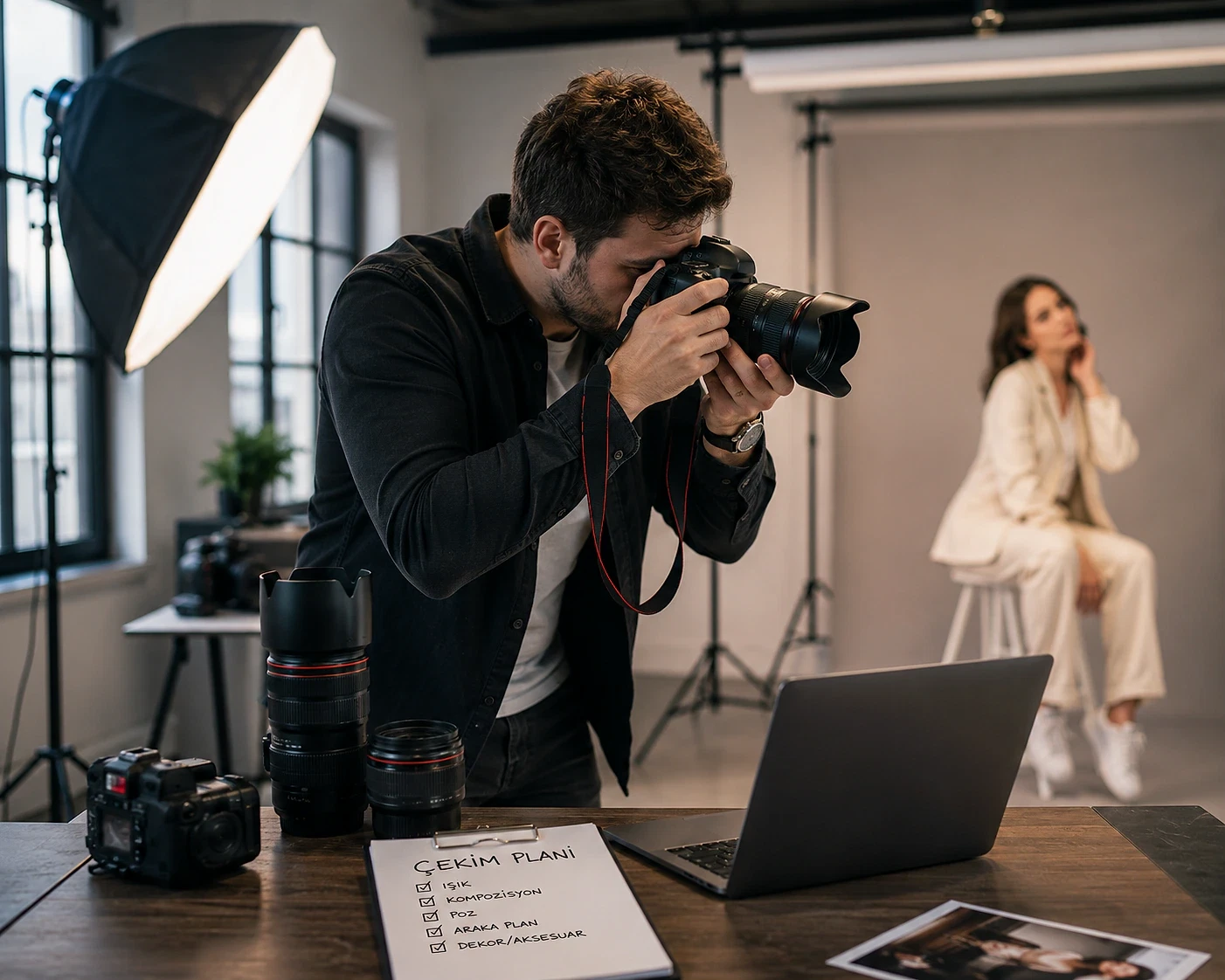 Fotoğrafçılık hakkında bilgi ve kariyer rehberi Fotoğraf stüdyosunda bir fotoğrafçı, modelin fotoğrafını çekerken çekim planı üzerinde çalışıyor.