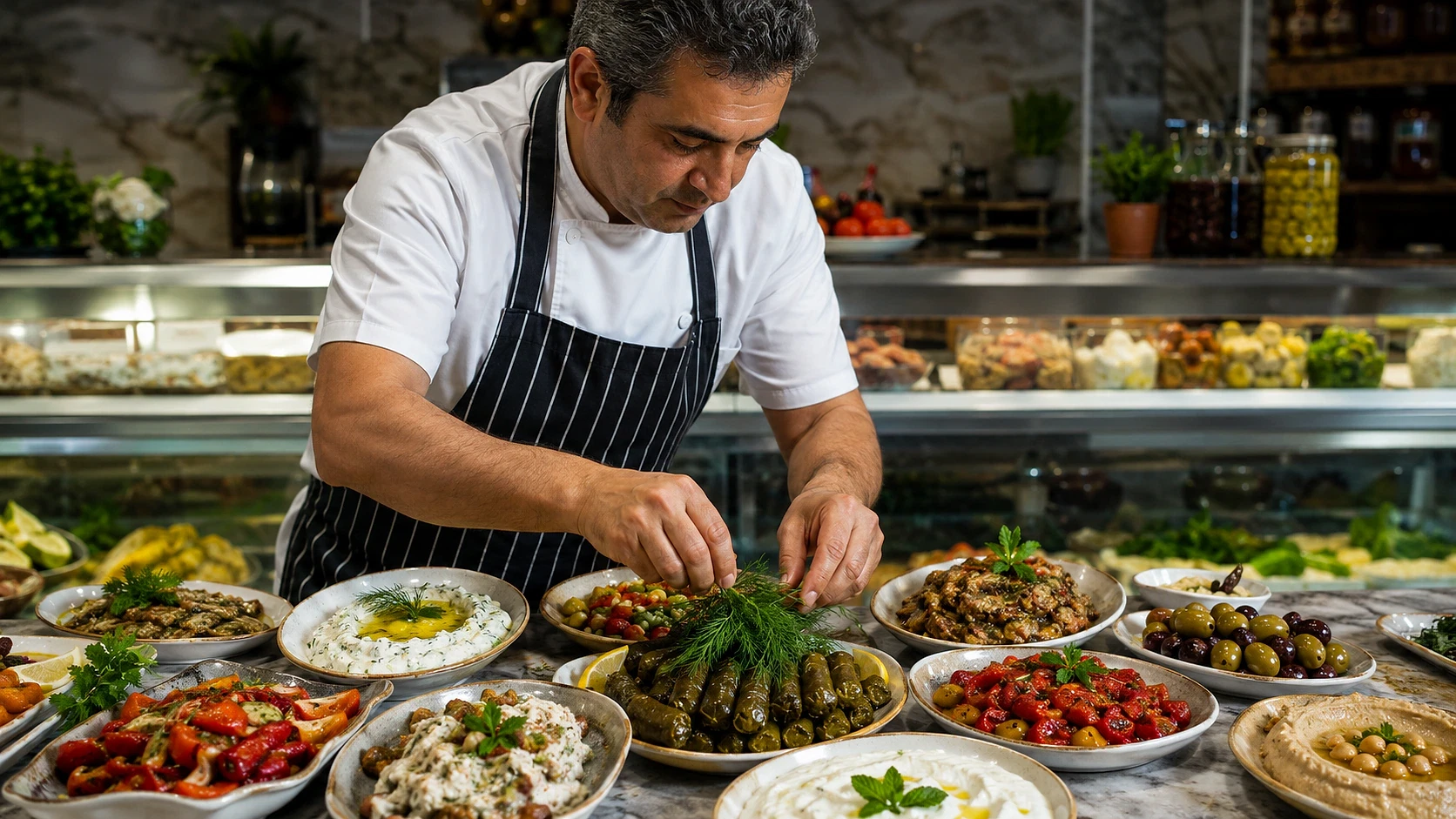 Mezeci olmanın yolları ve mezeler hakkında bilgi Meze hazırlığı yapan şef, çeşitli mezeleri özenle düzenliyor.