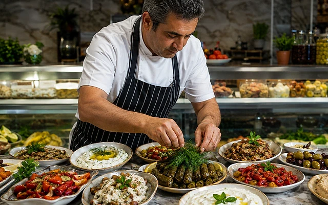 Mezeci olmanın yolları ve mezeler hakkında bilgi Meze hazırlığı yapan şef, çeşitli mezeleri özenle düzenliyor.