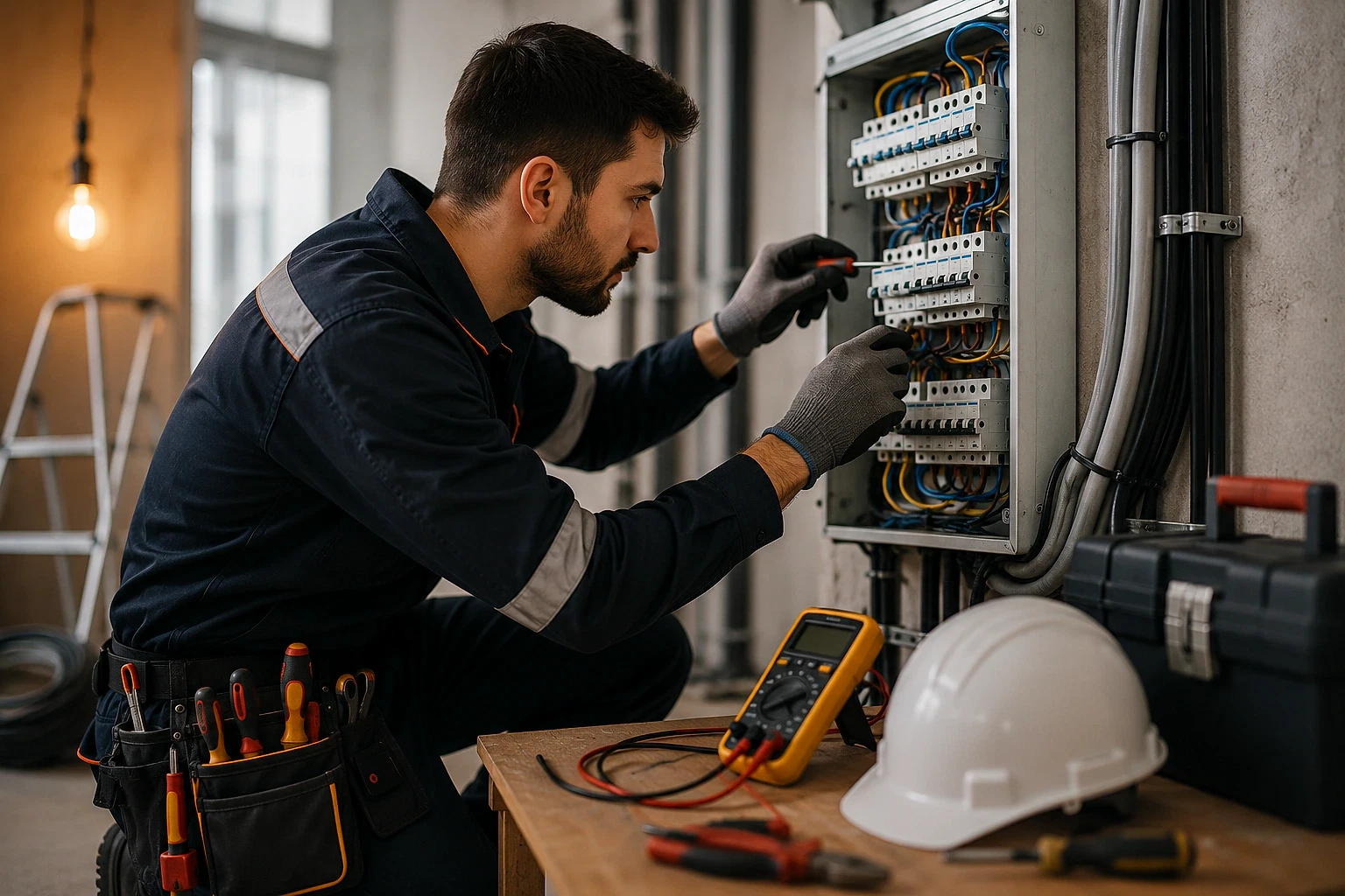 Elektrikçi mesleği ve eğitim süreci hakkında bilgi Elektrikçi, elektrik panosunda kabloları kontrol ederken dikkatli bir şekilde çalışıyor.