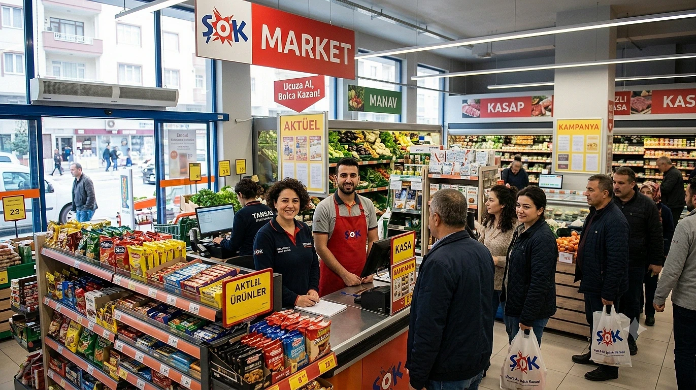 ŞOK Market 2026 maaşları hakkında bilgi ŞOK Market içinde kasiyer ve mağaza personeli, müşteriler alışveriş yapıyor.