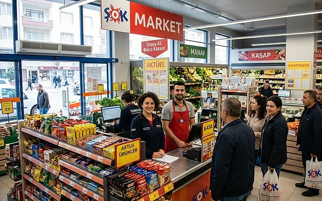 ŞOK Market 2026 maaşları hakkında bilgi ŞOK Market içinde kasiyer ve mağaza personeli, müşteriler alışveriş yapıyor.