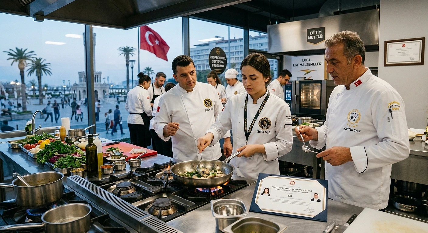 Aşçı kalfalık belgesi başvuru süreci ve şartları Aşçı kalfalık belgesi almak için mutfakta eğitim alan aşçılar, yemek hazırlığı yapıyor.