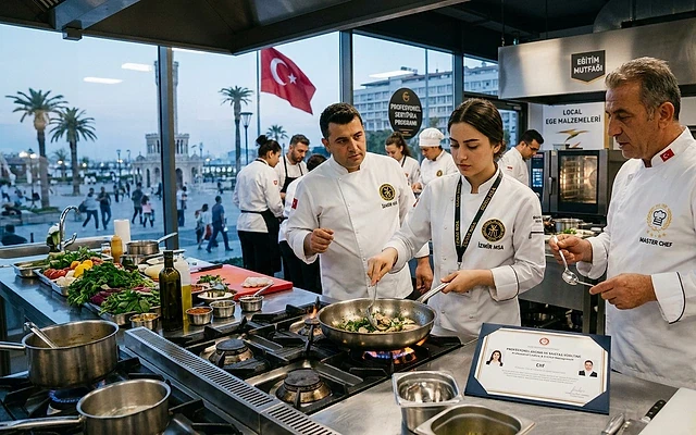 Aşçı kalfalık belgesi başvuru süreci ve şartları Aşçı kalfalık belgesi almak için mutfakta eğitim alan aşçılar, yemek hazırlığı yapıyor.