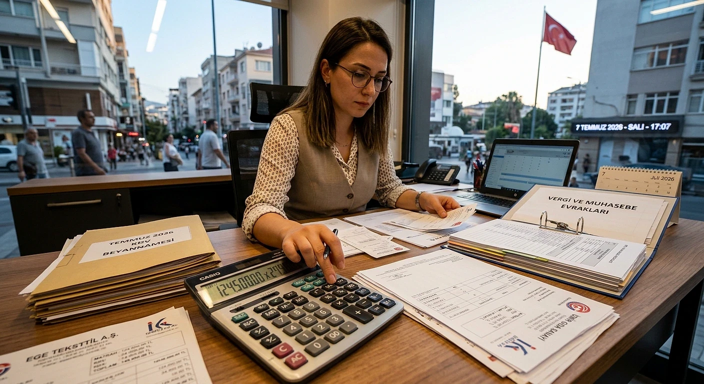 KDV matrah bulma ve hesaplama örnekleri KDV matrah hesaplama işlemi yapan bir kadın, belgeler ve hesap makinesi ile çalışma ortamında.