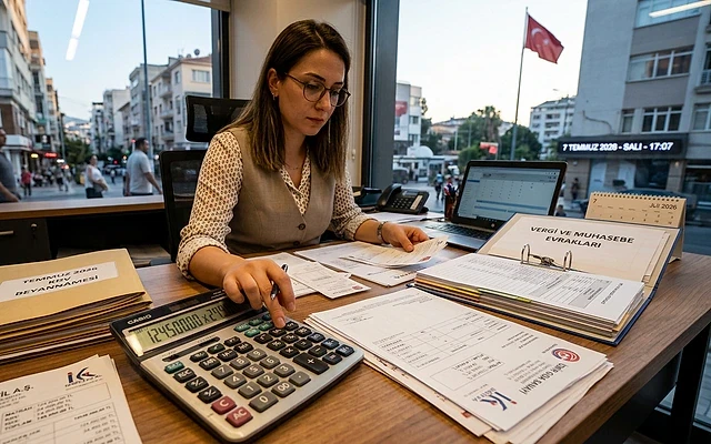 KDV matrah bulma ve hesaplama örnekleri KDV matrah hesaplama işlemi yapan bir kadın, belgeler ve hesap makinesi ile çalışma ortamında.