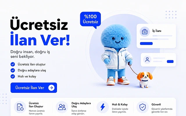 Ücretsiz iş ilanı verme rehberi Ücretsiz iş ilanı verme sürecini anlatan bir rehber kapak görseli, sevimli bir karakter ve köpek ile destekleniyor.