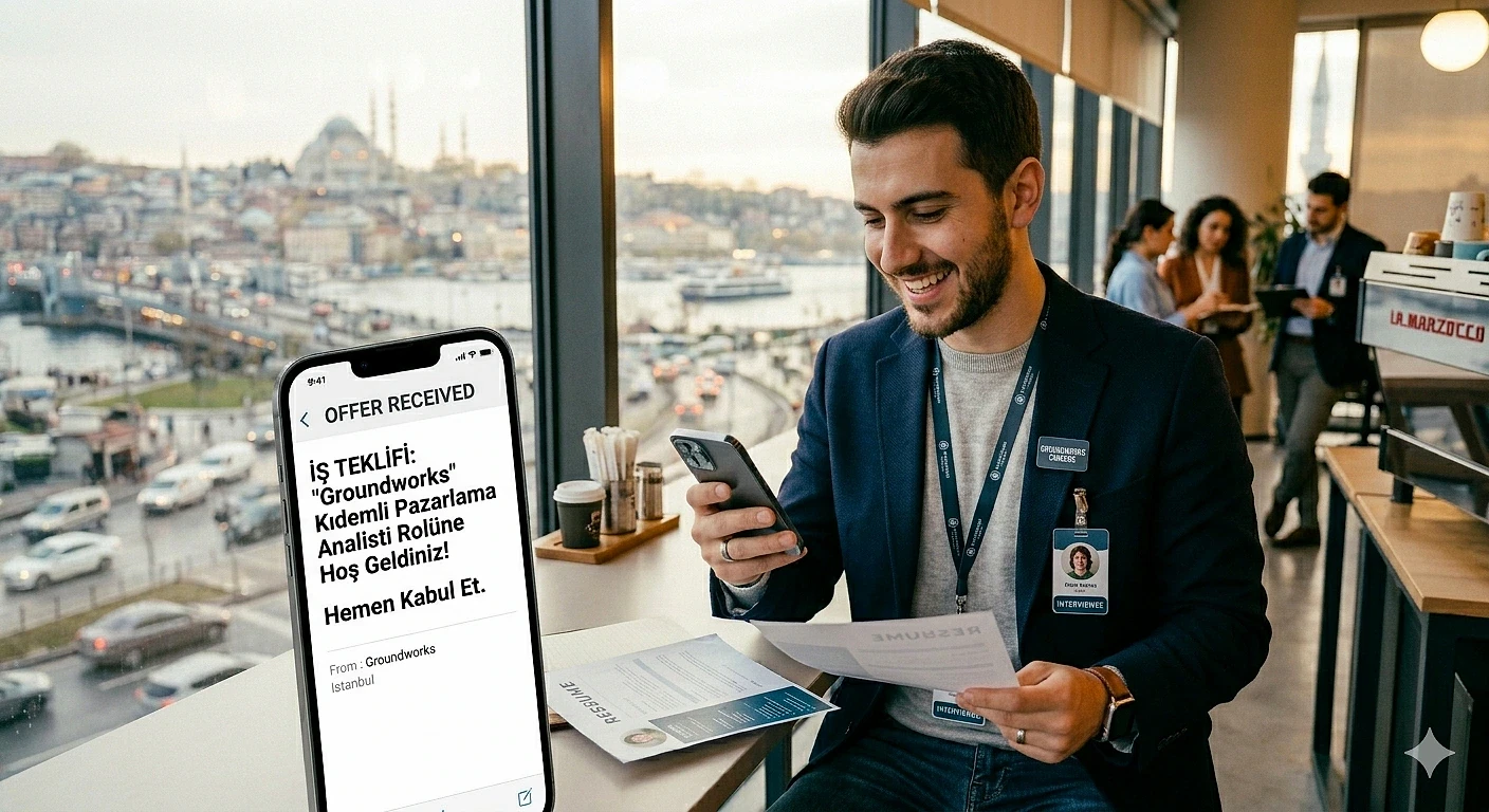 Kariyer fırsatları için iş teklifleri Bir kafe ortamında, telefonuyla mesaj okuyan genç bir adam, iş teklifi almış.