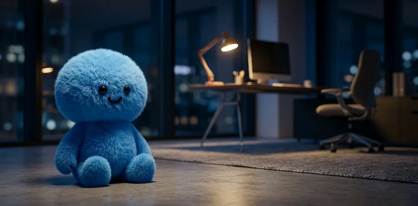 Lokasyona göre iş aramanın faydaları Mavi peluş oyuncak, modern bir ofis ortamında yer alıyor.