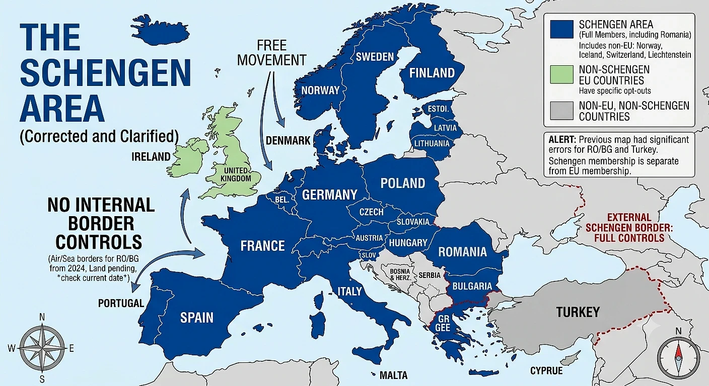 Schengen Vizesi Belgeleri için Harita Schengen bölgesini gösteren harita, üye ülkeler ve sınır kontrol durumlarıyla birlikte.