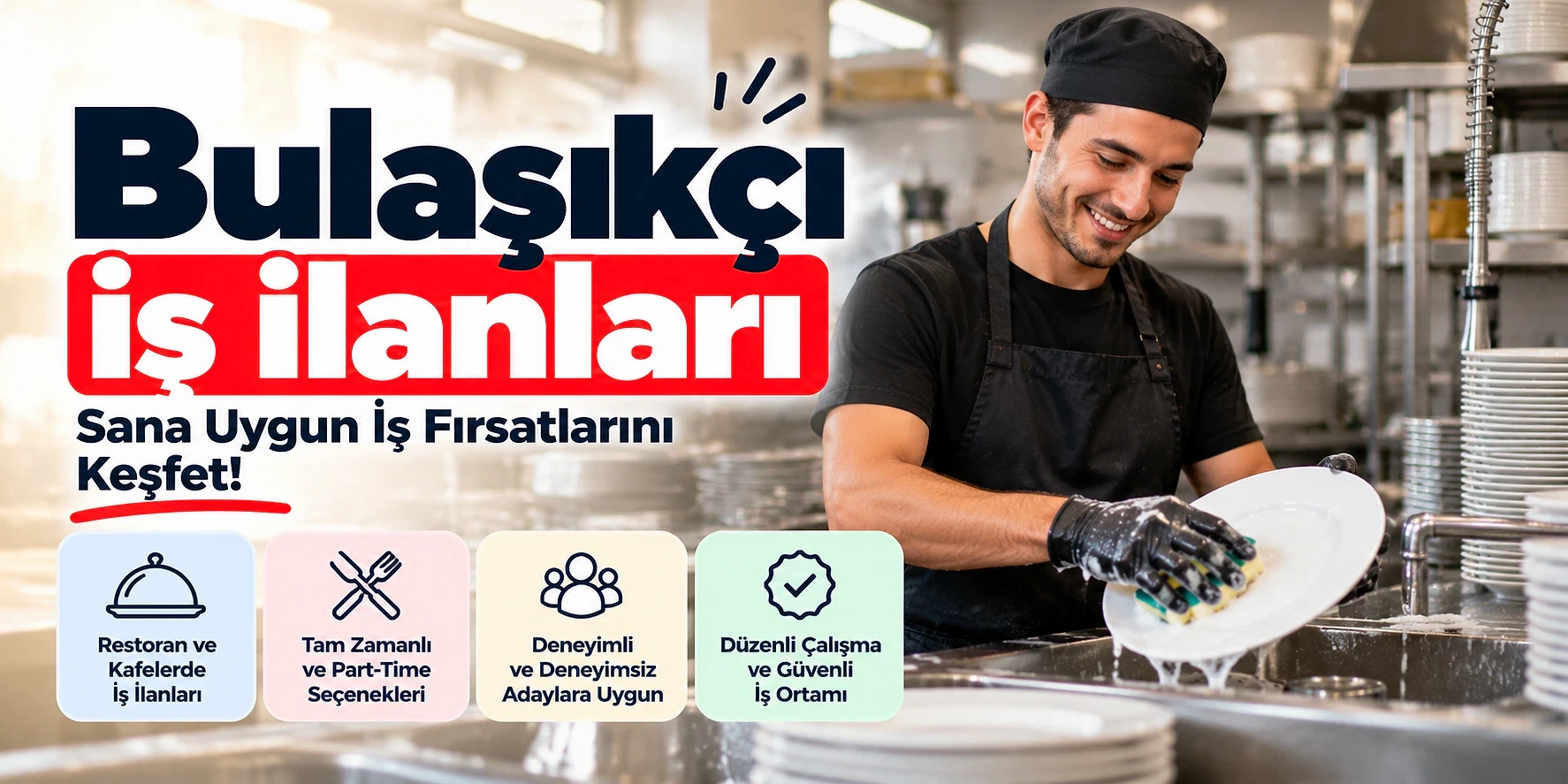 Bulaşıkçı iş ilanlarına dair fırsatları keşfedin Bulaşıkçı iş ilanları için restoran mutfağında çalışan bir adam, bulaşıkları yıkıyor.