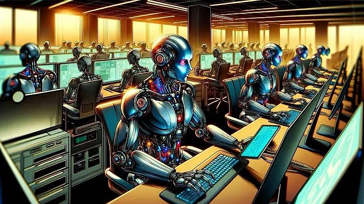 Geleceğin kazandıran meslekleri için kariyer rehberi Gelişmiş robotların bilgisayar başında çalıştığı modern bir ofis ortamı.
