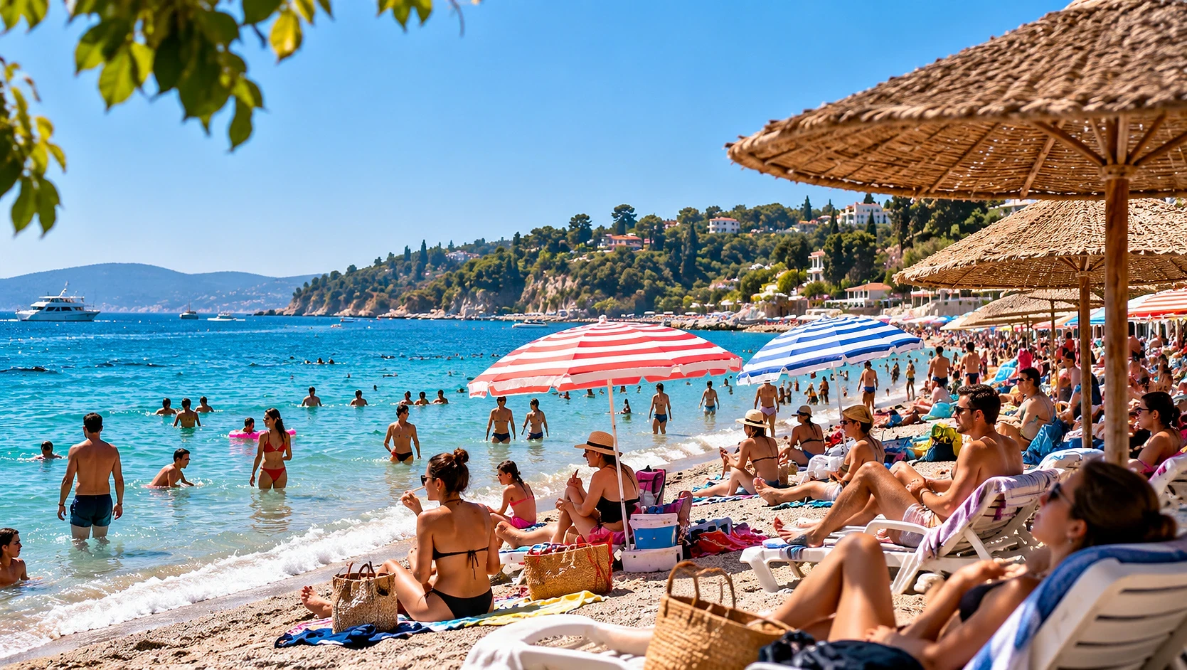 Yaz sezonunda personel arayan sektörler Yaz sezonunda plajda tatil yapan kalabalık insanlar, şemsiye ve güneşlenme alanları.