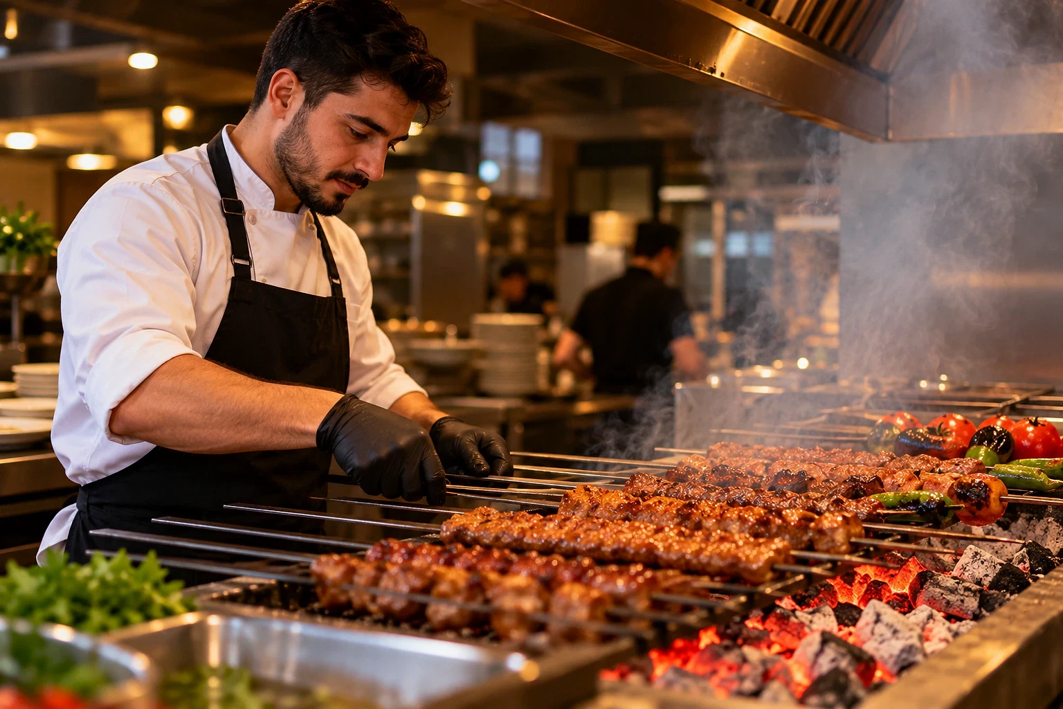 Kebapçı iş ilanları ve kariyer fırsatları Kebap ustası, mangalda kebap pişirirken dikkatle çalışıyor. Mutfak ortamı canlı ve profesyonel.