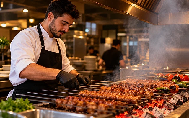 Kebapçı iş ilanları ve kariyer fırsatları Kebap ustası, mangalda kebap pişirirken dikkatle çalışıyor. Mutfak ortamı canlı ve profesyonel.