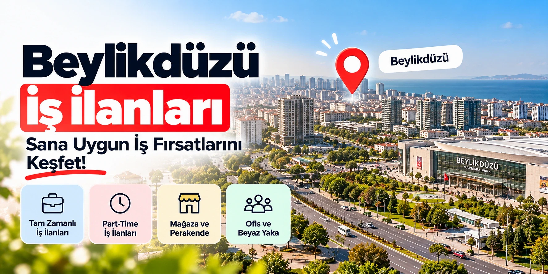 Beylikdüzü iş ilanları ve fırsatları Beylikdüzü'nde iş ilanlarını tanıtan modern bir şehir manzarası.