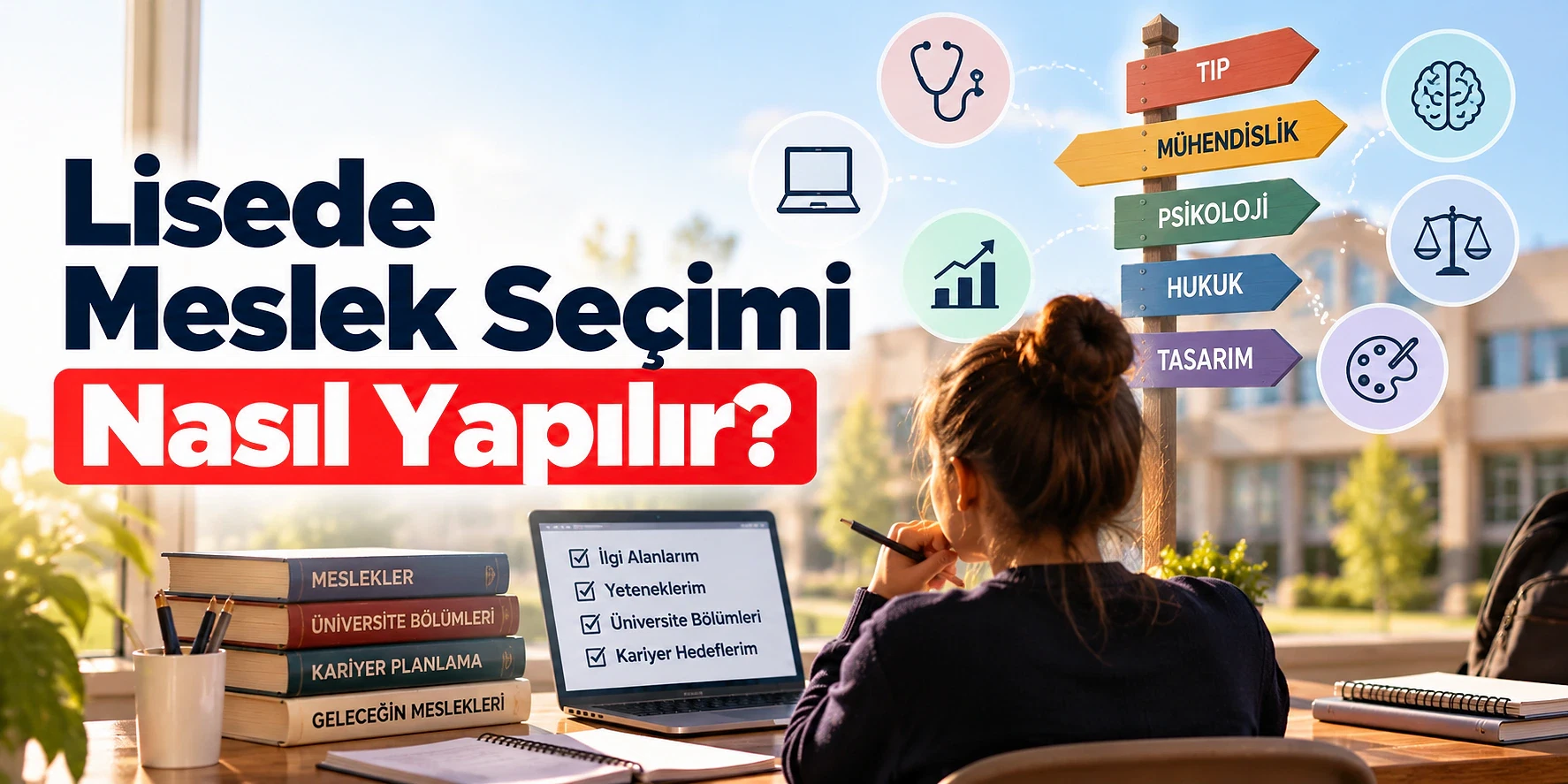 Lisede meslek seçimi rehberi ve ipuçları Lisede meslek seçimi ile ilgili rehber, öğrenci bilgisayarı ve yönlendirme tabelaları.