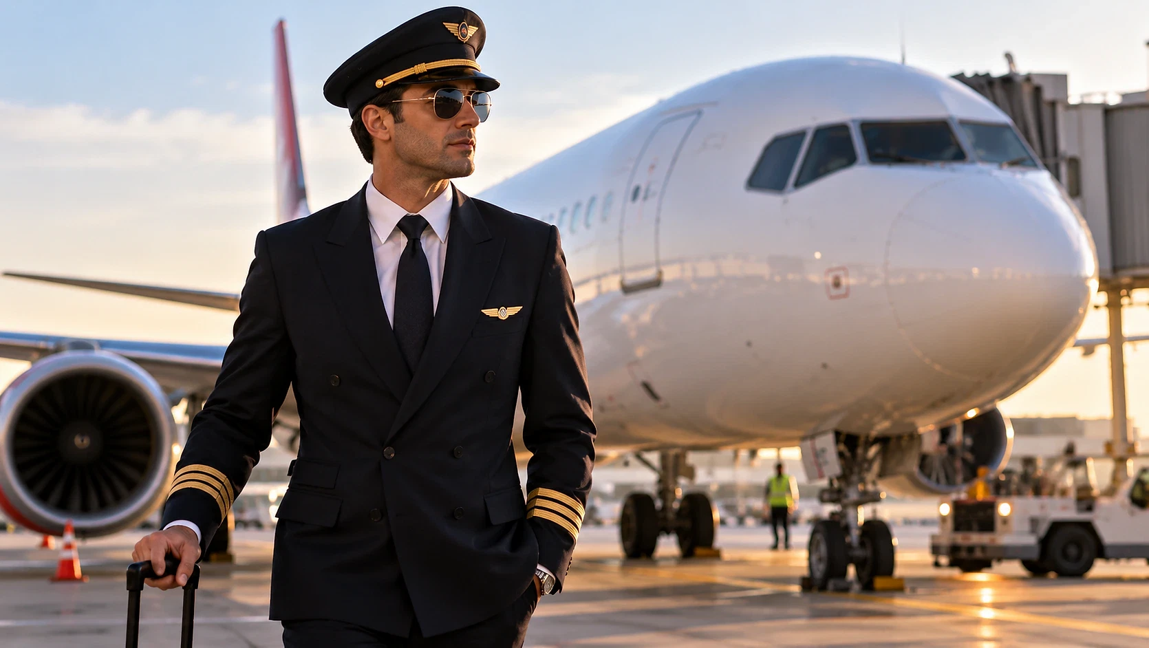 Hosteslik ve hostluk mesleği hakkında bilgi Havalimanında pilot kıyafeti giymiş bir adam, arka planda uçak ile birlikte.