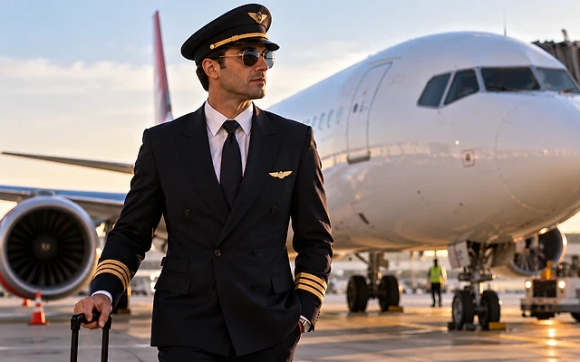Hosteslik ve hostluk mesleği hakkında bilgi Havalimanında pilot kıyafeti giymiş bir adam, arka planda uçak ile birlikte.