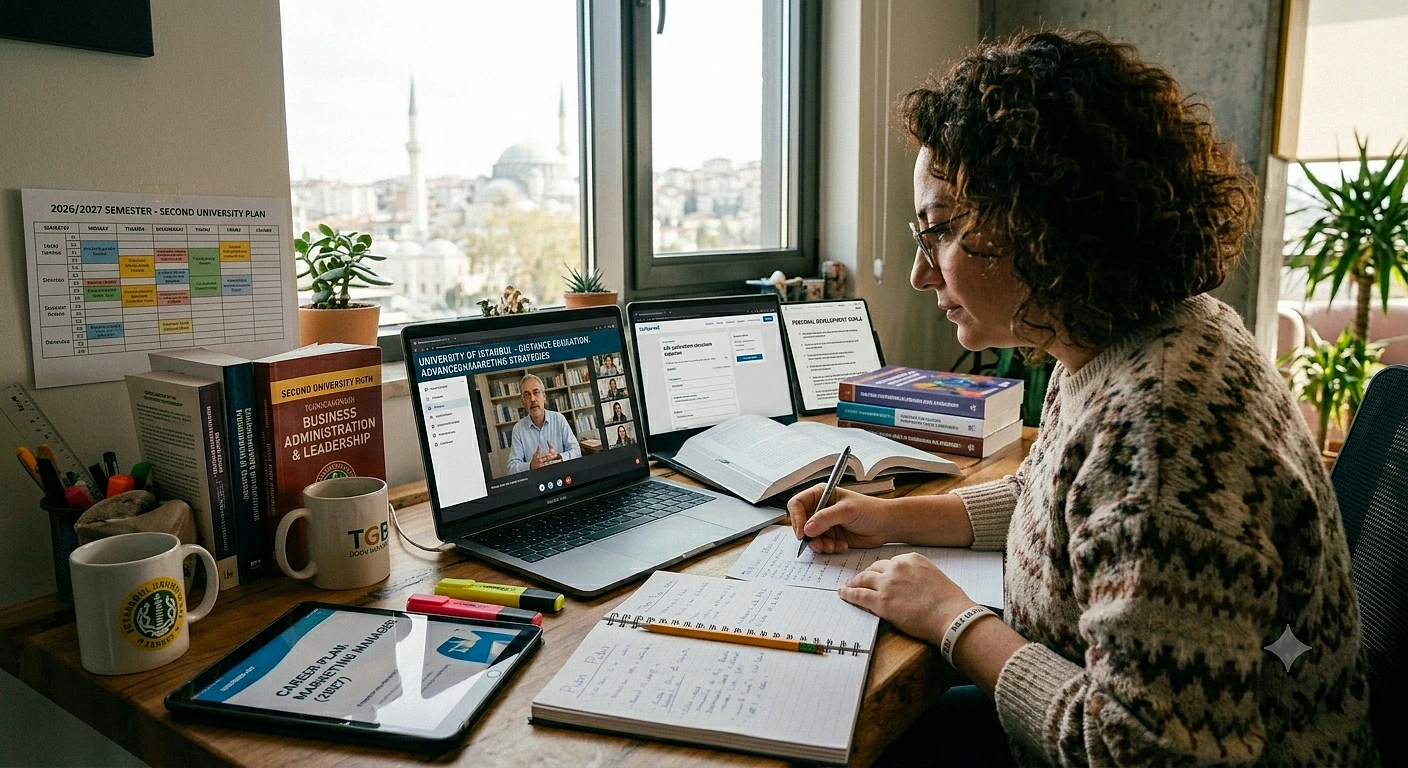Sınavsız ikinci üniversite hakkında bilgi veren kapak görseli Çalışma masasında not alan bir kadın, bilgisayar ekranında online eğitim görüntüsü var.