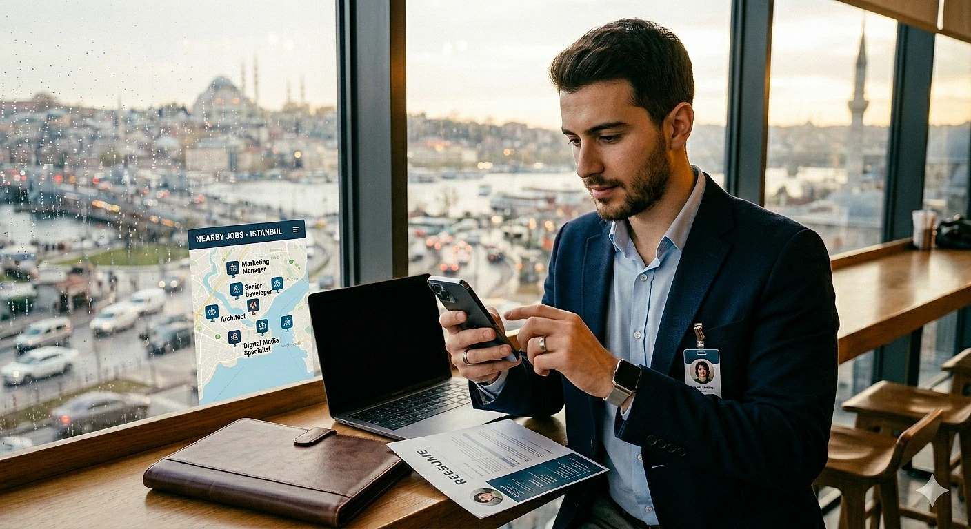 Genç profesyoneller için iş arama ipuçları İstanbul'da bir ofiste oturan genç profesyonel, telefonuna bakarak iş arıyor.